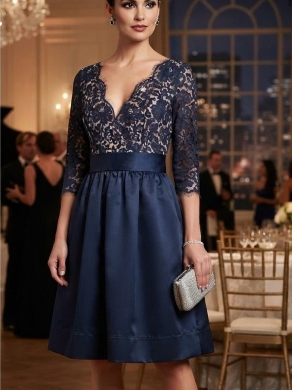 Eliza J Navy Lace Bodice Midi Dress